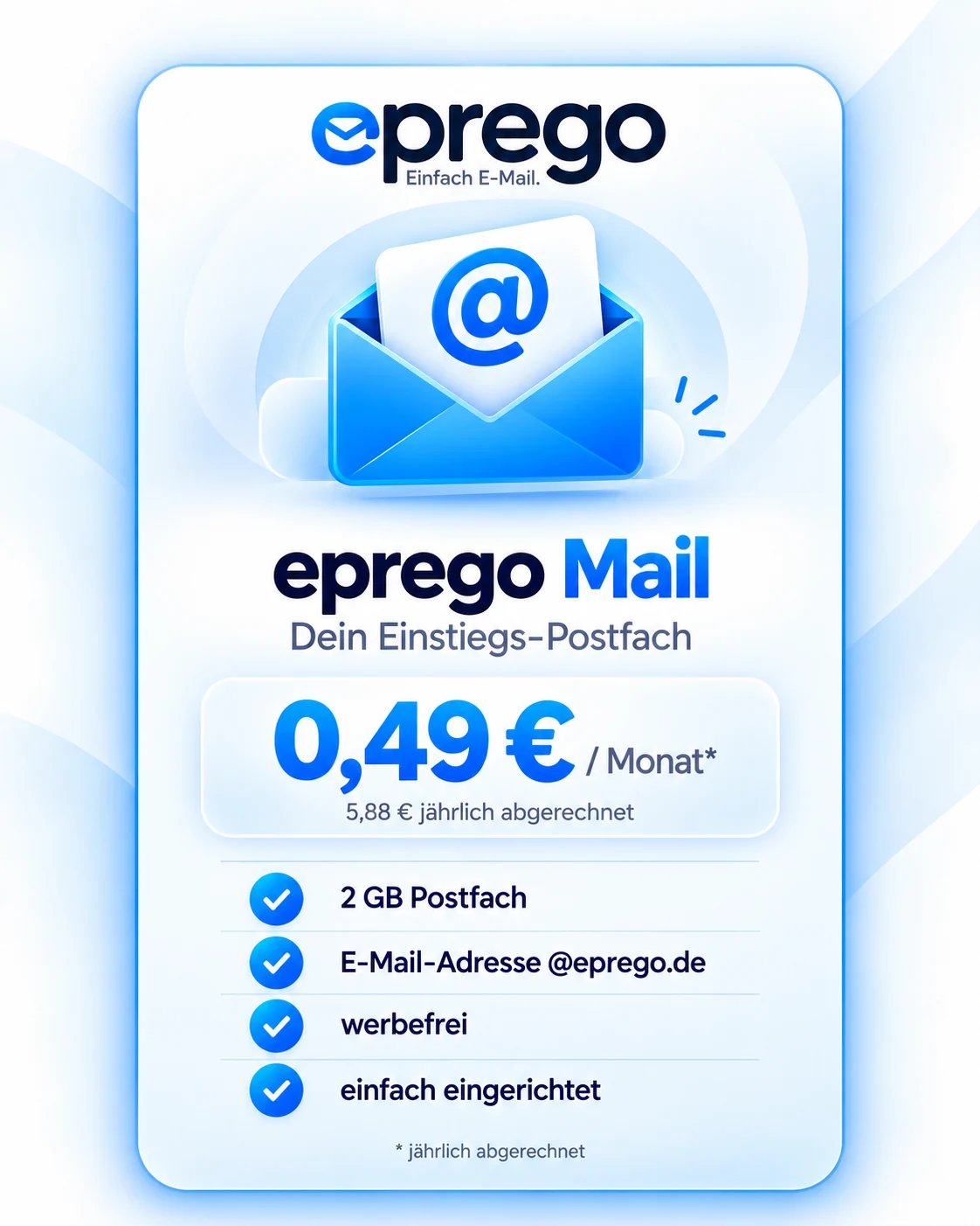 eprego Mail: 2 GB Postfach mit @eprego.de, werbefrei, 5,88 Euro jährlich