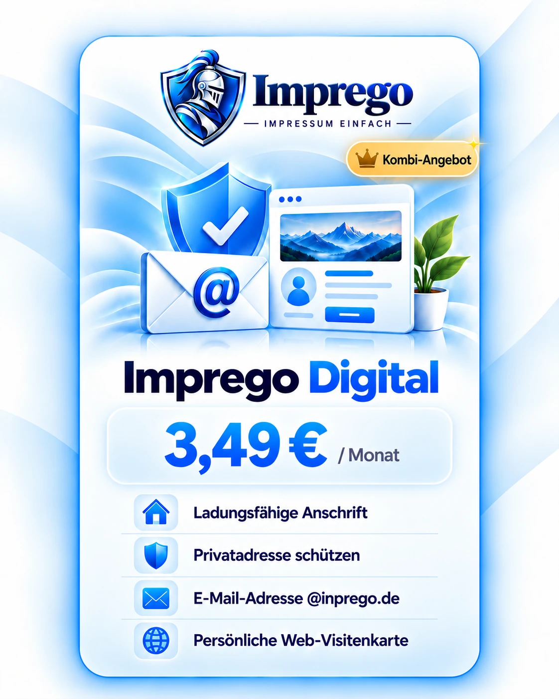 Imprego Digital: ladungsfähige Anschrift, Schutz der Privatadresse, E-Mail-Adresse @inprego.de und persönliche Web-Visitenkarte für 3,49 Euro im Monat
